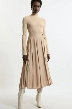 Karen Millen Georgette Belted Pleat Woven Midi Skirt camel New