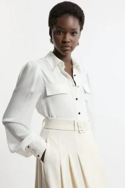 Karen Millen Georgette Crepe Collared Woven Shirt ivory Best