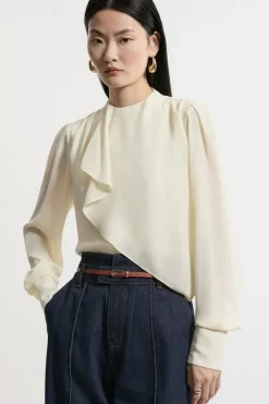 Karen Millen Georgette Draped Front High Neck Woven Blouse ivory Discount