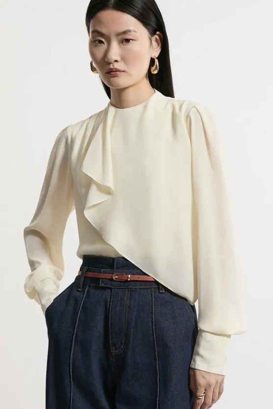 Karen Millen Georgette Draped Front High Neck Woven Blouse ivory Discount
