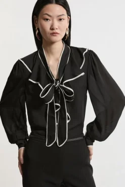 Karen Millen Georgette Draped Front Woven Blouse black Hot