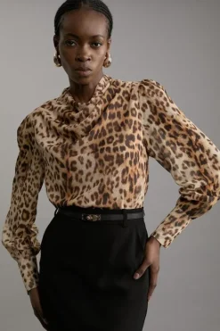 Karen Millen Georgette Draped Woven Blouse leopard New