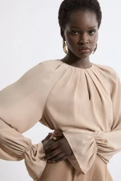 Karen Millen Georgette High Neck Keyhole Woven Blouse camel Hot