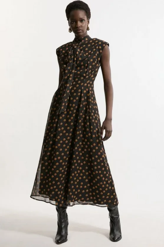 Karen Millen Georgette Spot Pintuck Waist Woven Midi Dress black Discount
