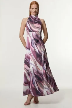 Karen Millen Graduated Stripe Viscose Satin Halter Dress purple Hot