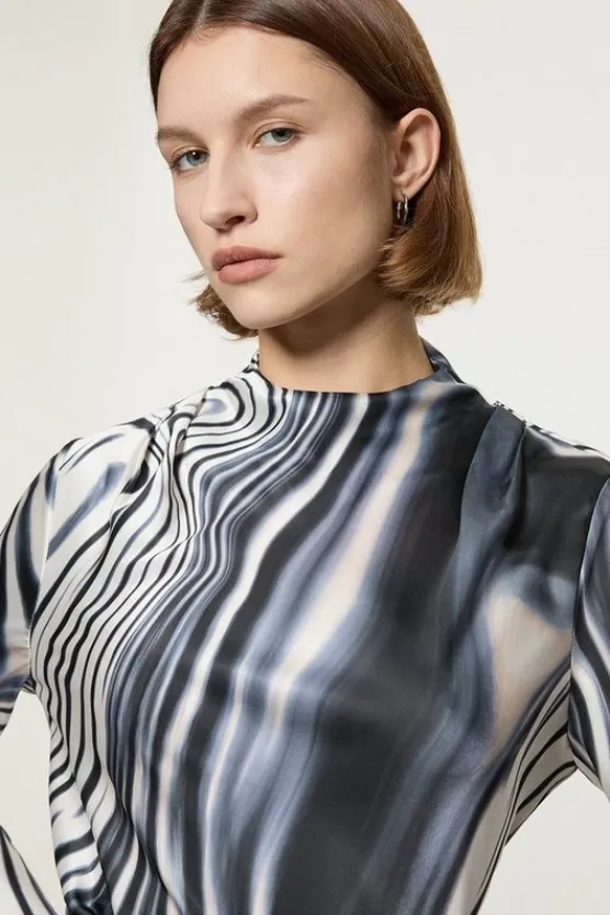 Karen Millen Graduated Stripe Viscose Satin High Neck Blouse mono Best