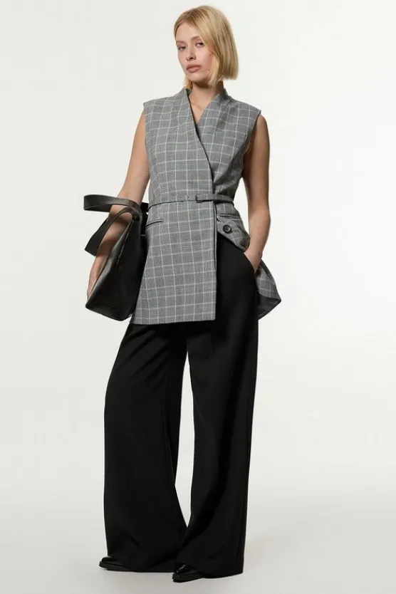 Karen Millen Check Tailored Collarless Belted Sleeveless Blazer grey Best