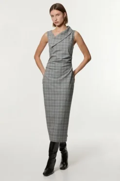 Karen Millen Check Tailored Full Skirted Asymmetrical Maxi Dress grey Online