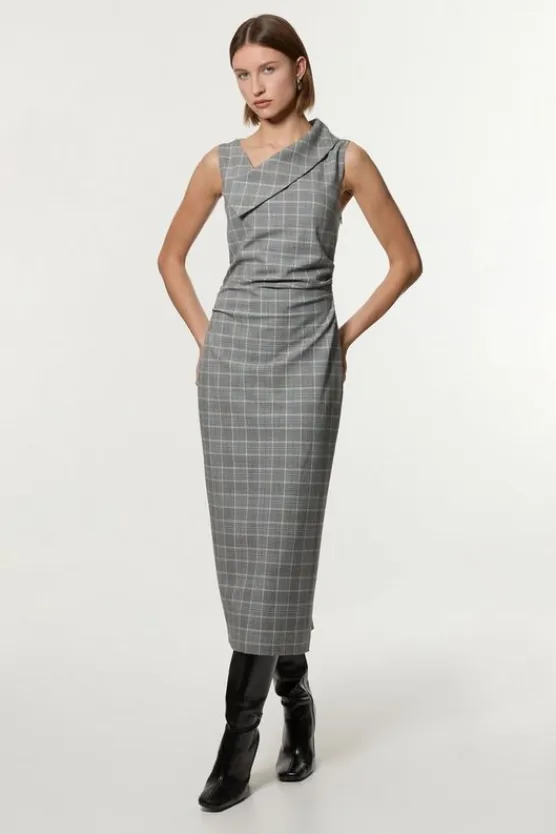 Karen Millen Check Tailored Full Skirted Asymmetrical Maxi Dress grey Online