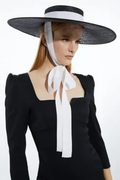 Karen Millen Grosgrain Tie Statement Boater Hat black_white Fashion