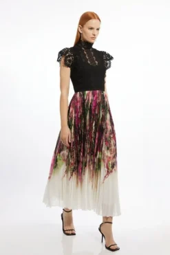 Karen Millen Guipure Lace Floral Printed Pleated Woven Maxi Dress purple Discount