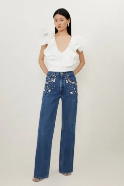 Karen Millen Hand Embellished Vintage Straight Leg Jean midwash Outlet
