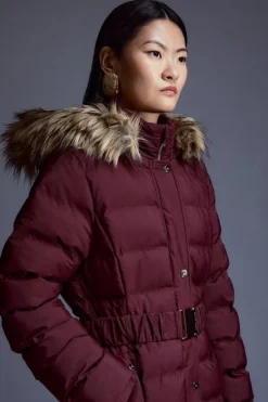 Karen Millen Heat Seal Puffer Belted Faux Fur Hood Longline Jacket berry Discount