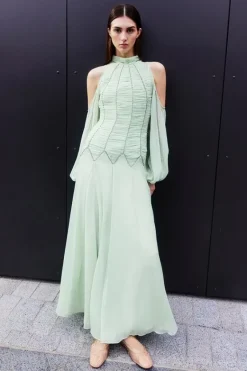 Karen Millen High Neck Embellished Ruched Georgette Woven Maxi Dress sage Online