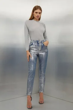 Karen Millen High Rise Slim Leg Silver Foiled Jeans midblue Fashion