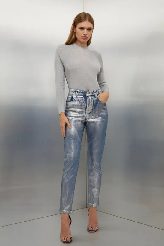 Karen Millen High Rise Slim Leg Silver Foiled Jeans midblue Fashion