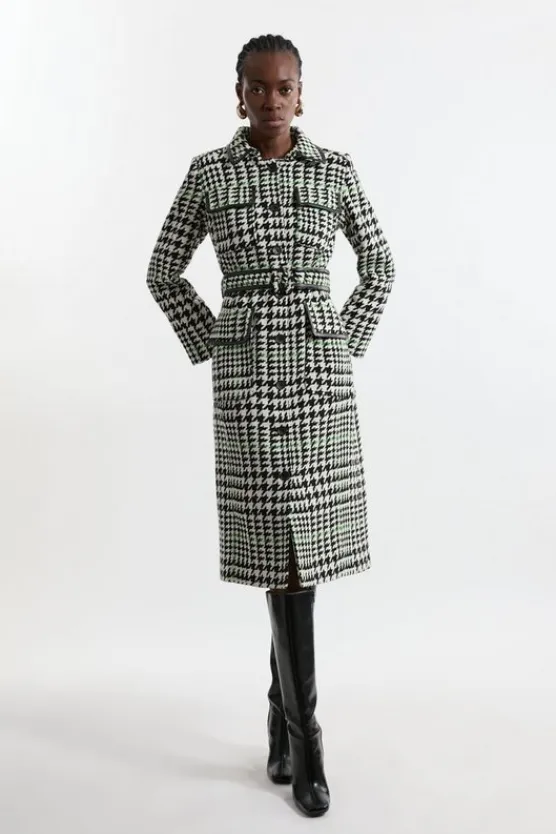 Karen Millen Houndstooth Check Pocket Detail Belted Pu Tipped Tailored Midaxi Coat mono New