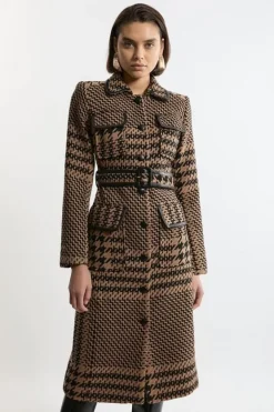 Karen Millen Houndstooth Check Pocket Detail Belted Pu Tipped Tailored Midaxi Coat multi New