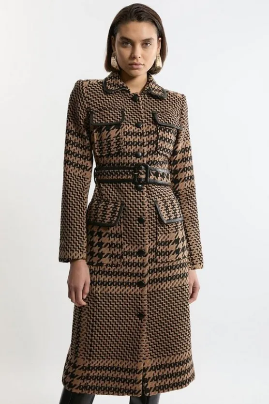 Karen Millen Houndstooth Check Pocket Detail Belted Pu Tipped Tailored Midaxi Coat multi New
