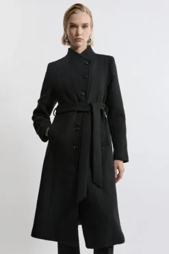 Karen Millen Italian Manteco Wool Blend Asymmetric Button Belted Tailored Midi Coat black Best