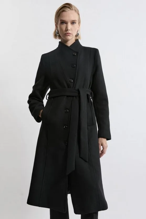 Karen Millen Italian Manteco Wool Blend Asymmetric Button Belted Tailored Midi Coat black Best