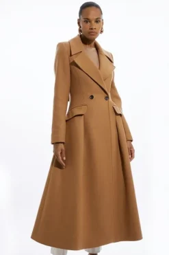 Karen Millen Italian Manteco Wool Blend Tailored Flared Skirt Midaxi Coat camel Discount