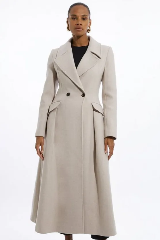 Karen Millen Italian Manteco Wool Blend Tailored Flared Skirt Midaxi Coat oatmeal Sale