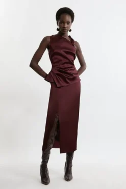 Karen Millen Italian Satin Asymmetrical Tailored Fitted Maxi Dress merlot New