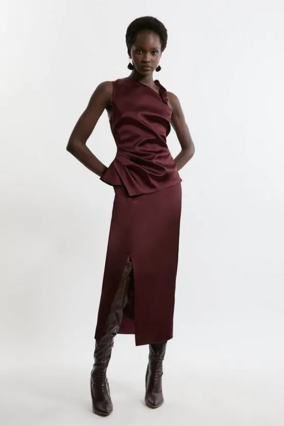 Karen Millen Italian Satin Asymmetrical Tailored Fitted Maxi Dress merlot New