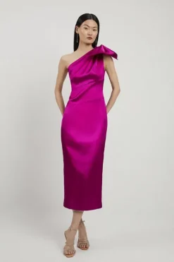 Karen Millen Italian Satin One Shoulder Bow Detail Tailored Midi Dress purple Sale