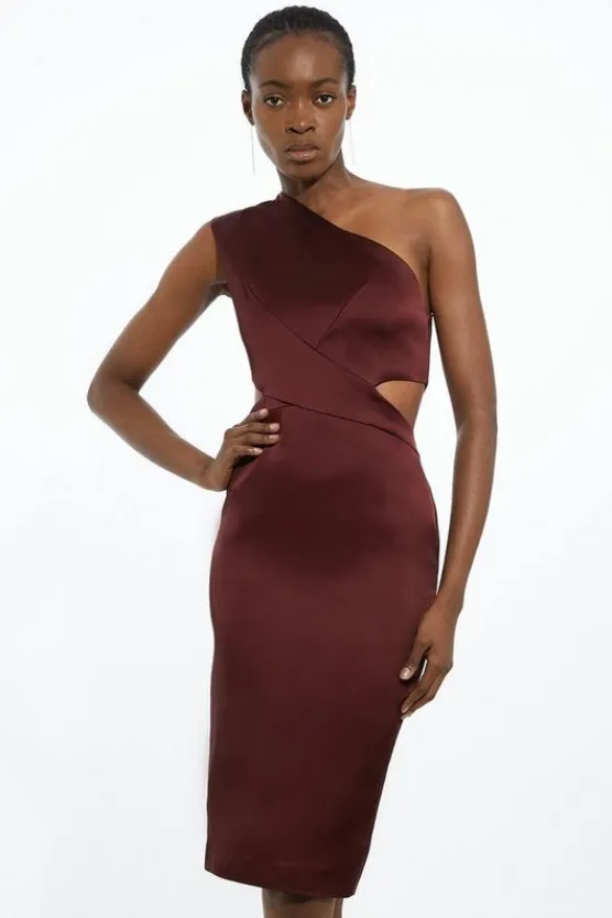 Karen Millen Italian Satin One Shoulder Cut Out Waist Midi Dress merlot Outlet