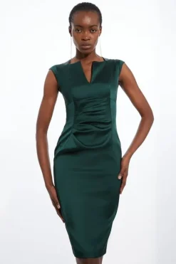 Karen Millen Italian Satin Tailored Envelope Neck Pencil Midi Dress forest Online