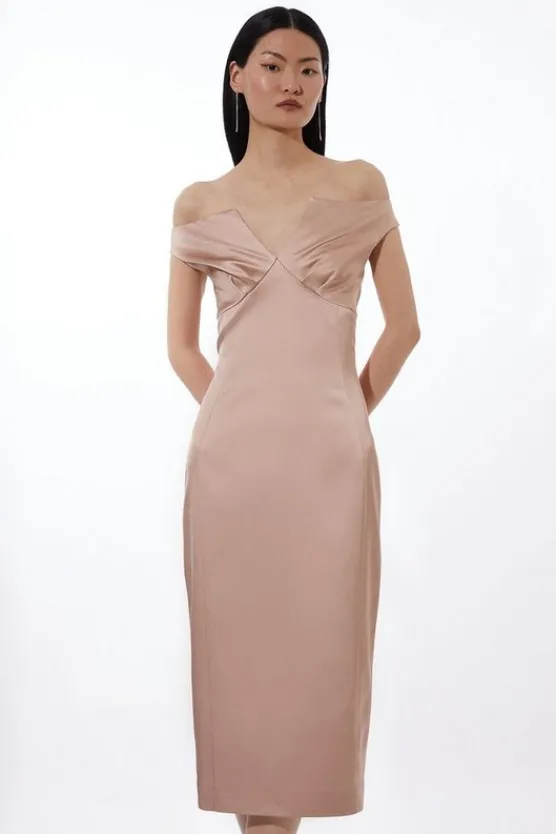 Karen Millen Italian Satin Tailored Off Shoulder Panelled Midi Dress champagne Discount