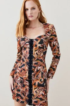 Karen Millen Italian Stretch Chain Print Mini Dress black Clearance