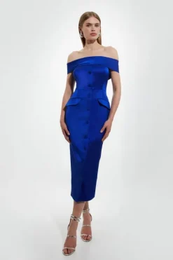 Karen Millen Italian Structured Rib Off The Shoulder Button Through Tailored Midi Dress blue New