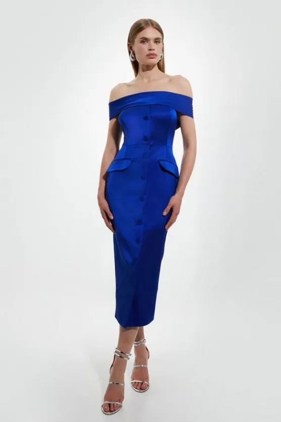 Karen Millen Italian Structured Rib Off The Shoulder Button Through Tailored Midi Dress blue New