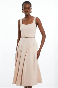Karen Millen Italian Structured Rib Tailored Square Neck Belted Midi Dress rose Online