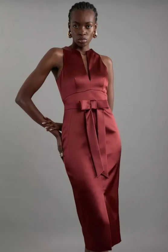 Karen Millen Italian Structured Satin Bow Detail Tailored Maxi Dress rust Clearance