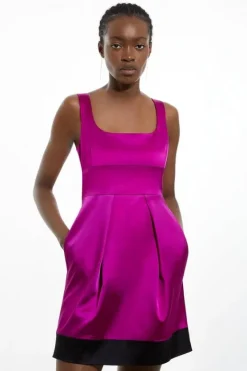 Karen Millen Italian Structured Satin Color Block Tailored Lantern Mini Dress purple New