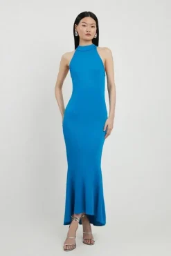 Karen Millen Italian Structured Stretch Waterfall Hem High Neck Midi Dress blue New