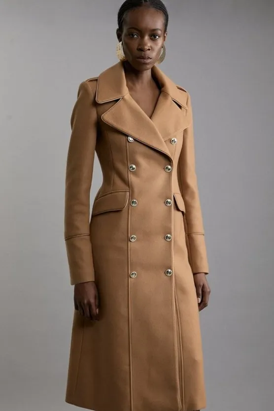 Karen Millen Italian Wool Double Breasted Military Midi Coat camel Best