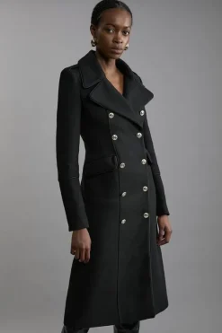 Karen Millen Italian Wool Double Breasted Military Midi Coat black Fashion