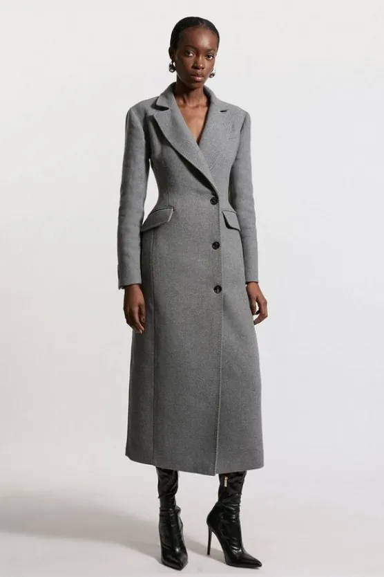 Karen Millen Italian Wool Mix Tailored Fitted Maxi Coat grey Discount