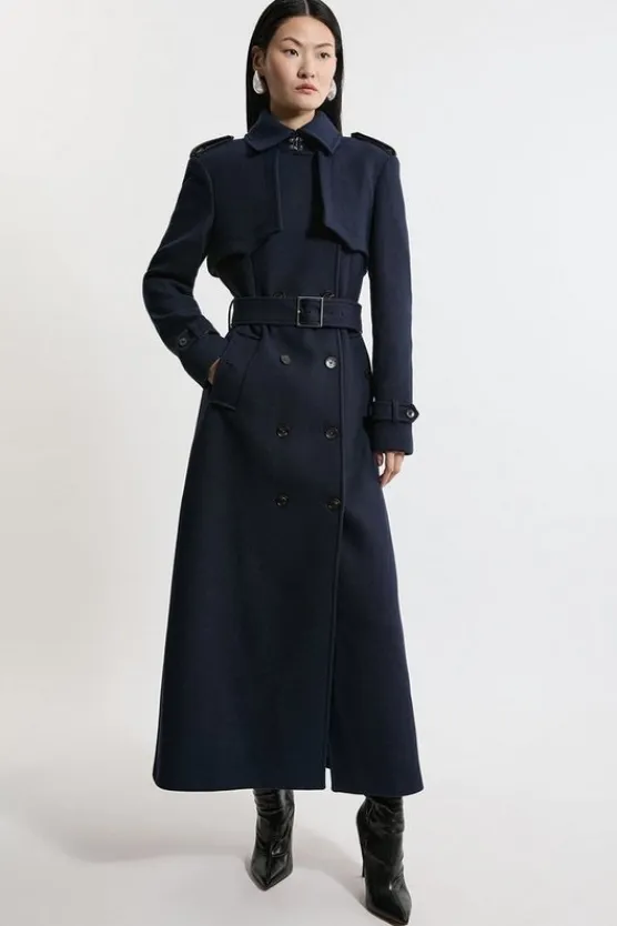 Karen Millen Italian Wool Tailored Belted Trench Maxi Coat navy Outlet
