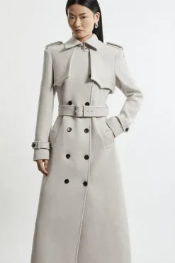 Karen Millen Italian Wool Tailored Belted Trench Maxi Coat oatmeal Discount