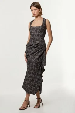 Karen Millen Jacquard Ruffle Strappy Tailored Midi Dress black Sale