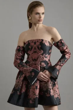 Karen Millen Jacquard Woven Floral Off The Shoulder Mini Dress black Online