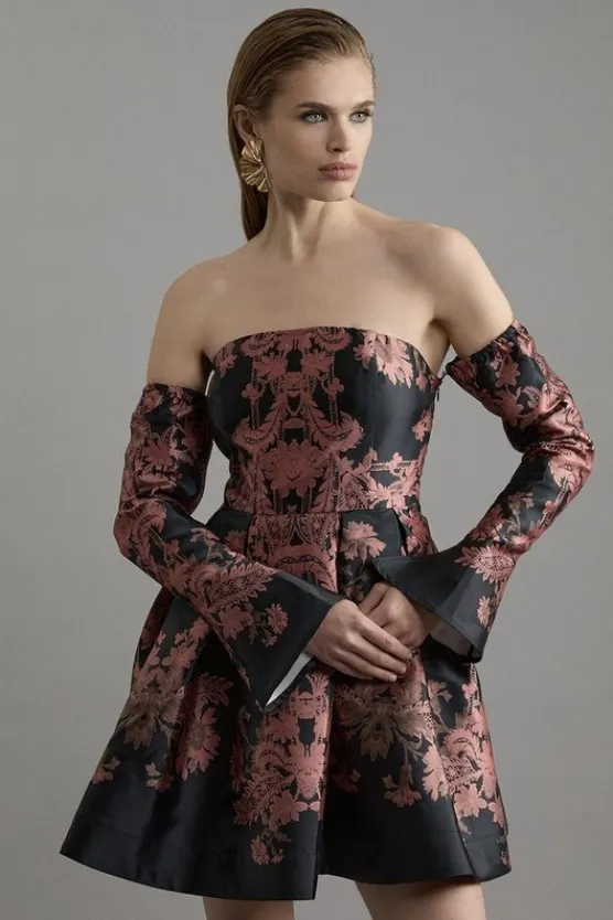 Karen Millen Jacquard Woven Floral Off The Shoulder Mini Dress black Online