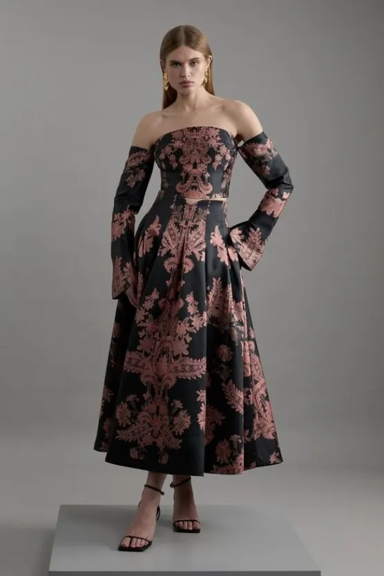 Karen Millen Jacquard Woven Floral Top & Maxi Skirt Set black Sale