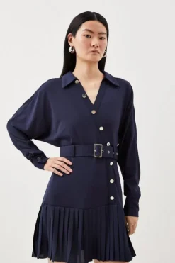 Karen Millen Jersey And Georgette Mix Belted Pleat Mini Dress navy Sale